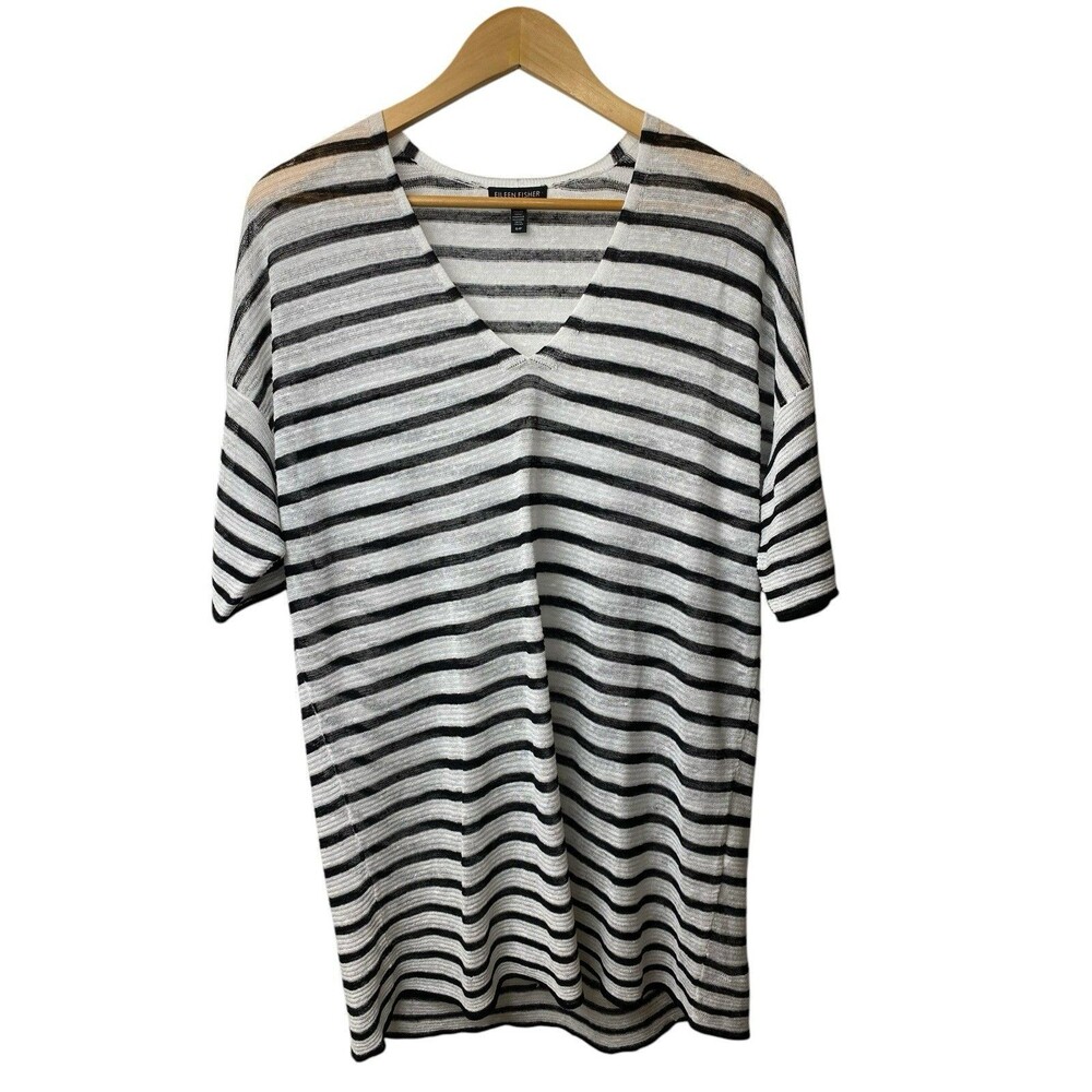 Eileen Fisher Organic Linen Stripe V-Neck Tunic Top XS Oversized Tunic Coastal